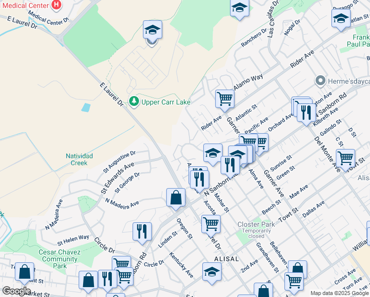 map of restaurants, bars, coffee shops, grocery stores, and more near 915 Acosta Plaza in Salinas
