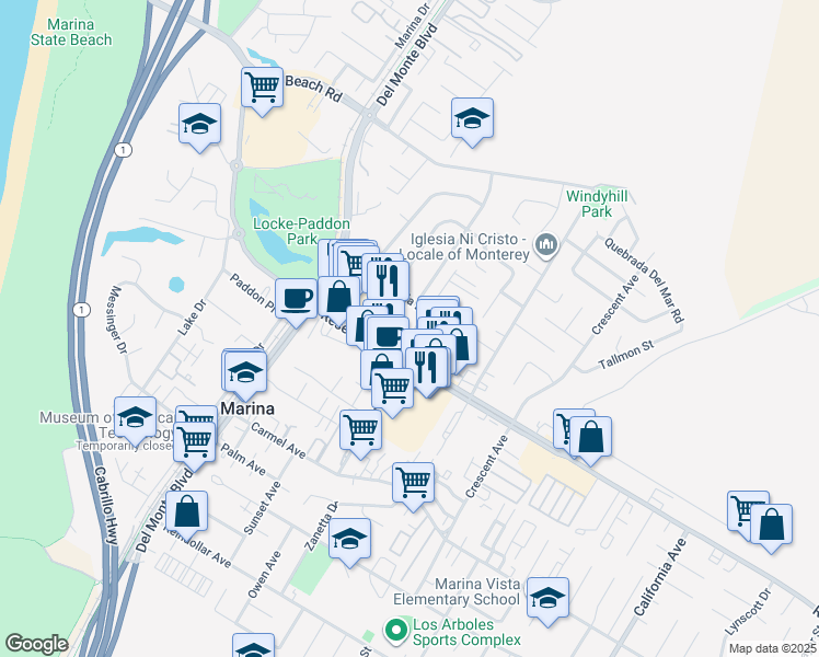 map of restaurants, bars, coffee shops, grocery stores, and more near 3162 Eucalyptus Street in Marina