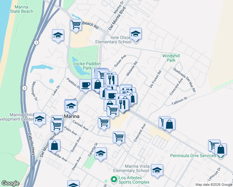map of restaurants, bars, coffee shops, grocery stores, and more near 3162 Eucalyptus Street in Marina