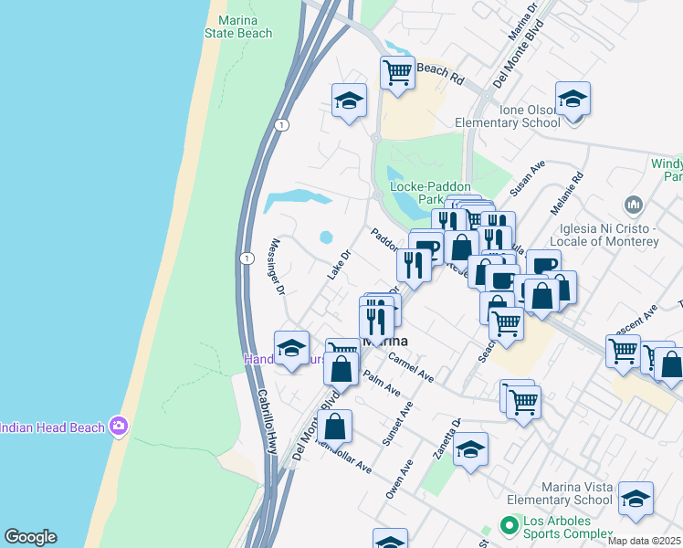 map of restaurants, bars, coffee shops, grocery stores, and more near 3116 Lake Drive in Marina