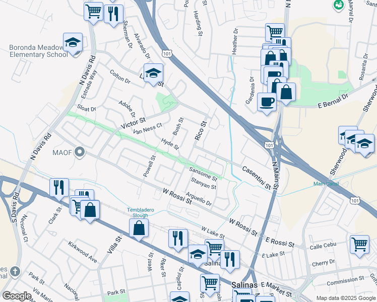 map of restaurants, bars, coffee shops, grocery stores, and more near 415 Rico Street in Salinas