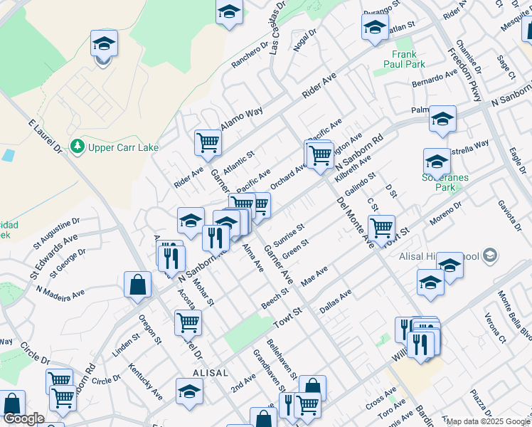 map of restaurants, bars, coffee shops, grocery stores, and more near 1019 North Sanborn Road in Salinas