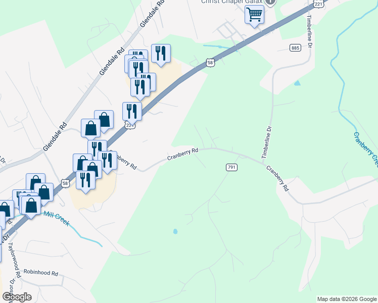 map of restaurants, bars, coffee shops, grocery stores, and more near State Road 722 in Galax