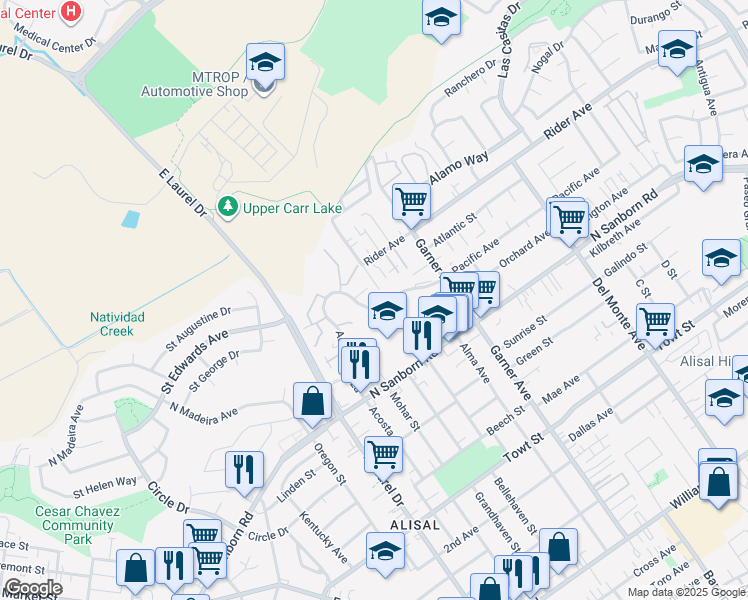 map of restaurants, bars, coffee shops, grocery stores, and more near 912 Acosta Plaza in Salinas