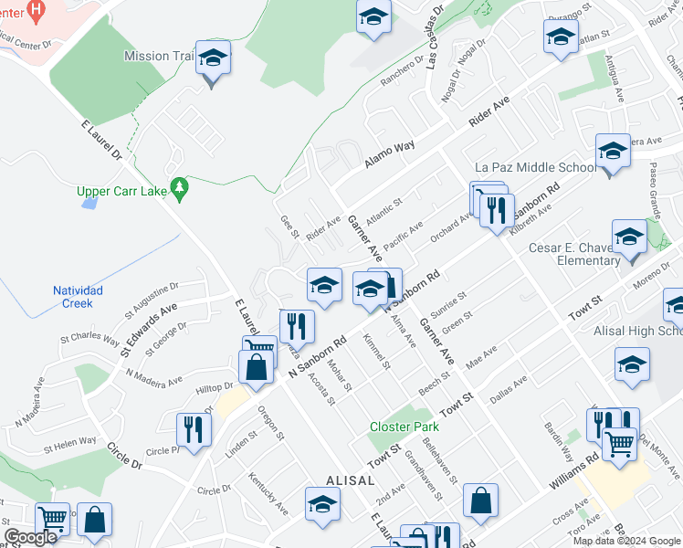 map of restaurants, bars, coffee shops, grocery stores, and more near 907 Acosta Plaza in Salinas