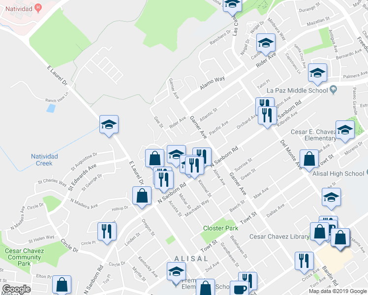 map of restaurants, bars, coffee shops, grocery stores, and more near 907 Acosta Plaza in Salinas