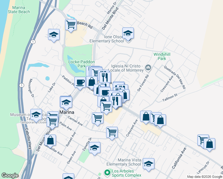 map of restaurants, bars, coffee shops, grocery stores, and more near 3162 Eucalyptus Street in Marina