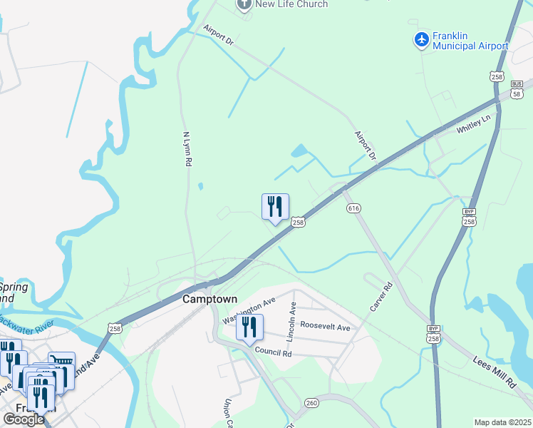 map of restaurants, bars, coffee shops, grocery stores, and more near 1207 Carrsville Highway in Franklin