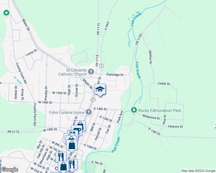 map of restaurants, bars, coffee shops, grocery stores, and more near 101-111 South Spring in Cassville