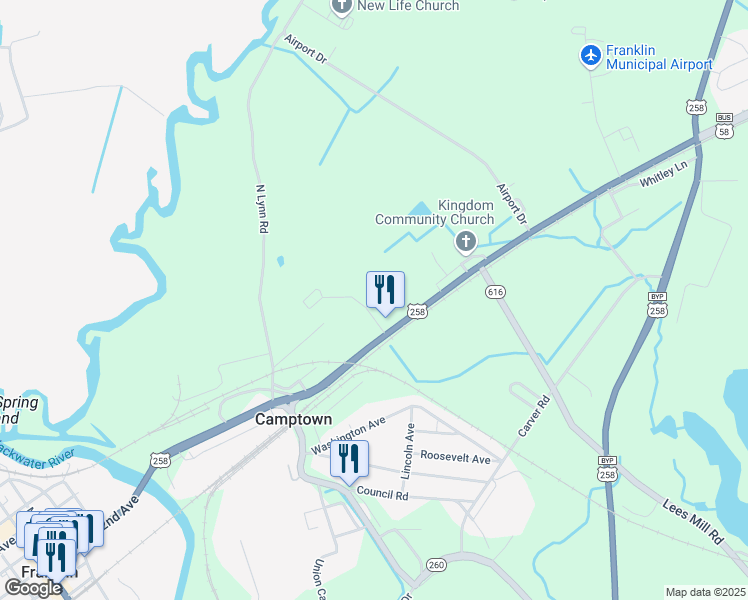 map of restaurants, bars, coffee shops, grocery stores, and more near 1207 Carrsville Highway in Franklin