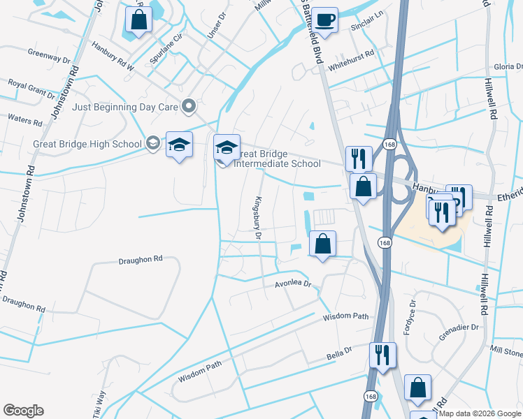 map of restaurants, bars, coffee shops, grocery stores, and more near 1141 Kingsbury Drive in Chesapeake