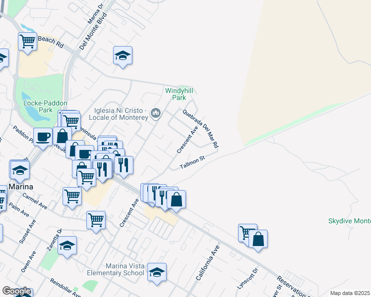 map of restaurants, bars, coffee shops, grocery stores, and more near 3202 Crescent Avenue in Marina