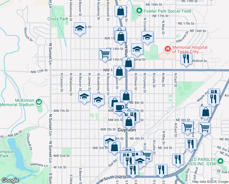 map of restaurants, bars, coffee shops, grocery stores, and more near 901 North Quinn Street in Guymon