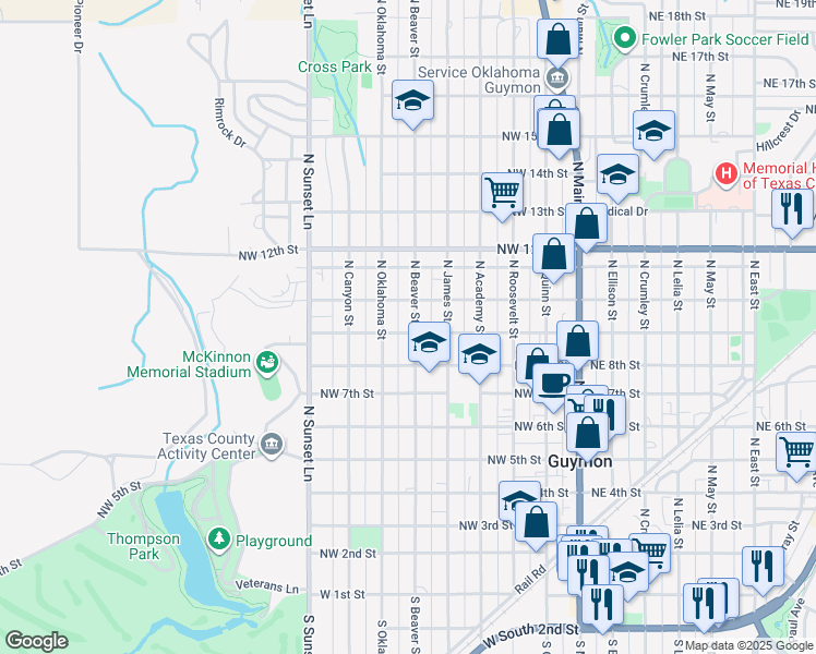 map of restaurants, bars, coffee shops, grocery stores, and more near 902 North Beaver Street in Guymon