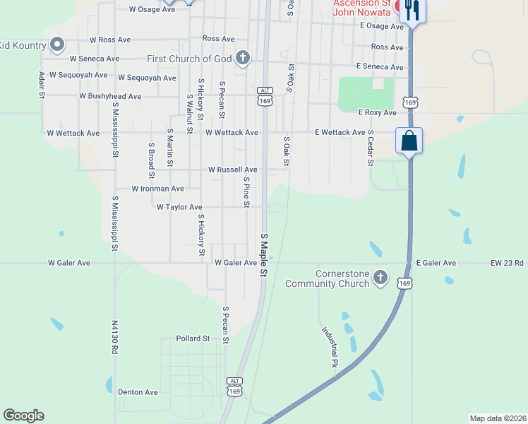 map of restaurants, bars, coffee shops, grocery stores, and more near 806 South Maple Street in Nowata