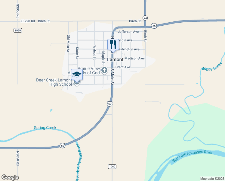 map of restaurants, bars, coffee shops, grocery stores, and more near 400 South Main Street in Lamont