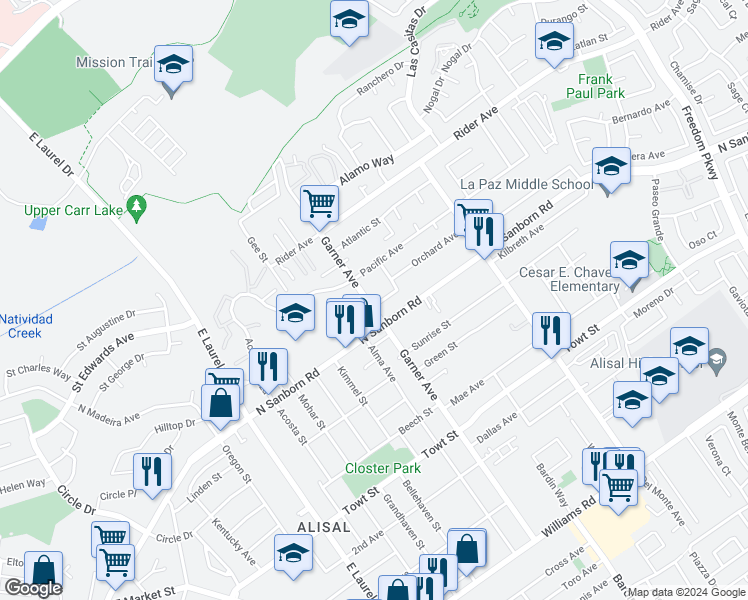 map of restaurants, bars, coffee shops, grocery stores, and more near 1009 Sieber Street in Salinas