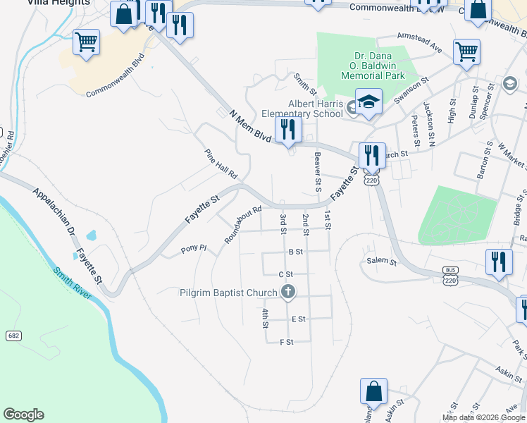 map of restaurants, bars, coffee shops, grocery stores, and more near 201-299 4th St in Martinsville