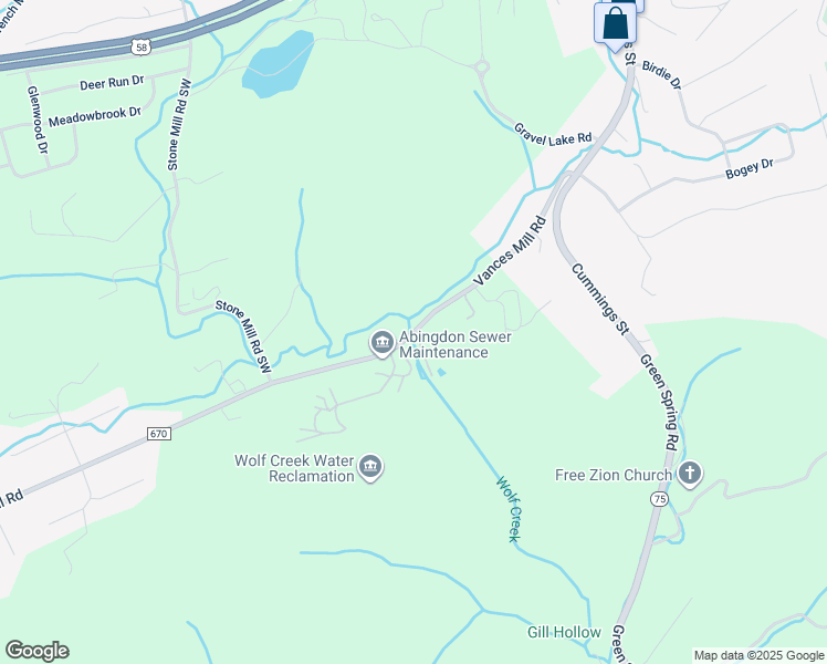 map of restaurants, bars, coffee shops, grocery stores, and more near County Road 670 in Abingdon