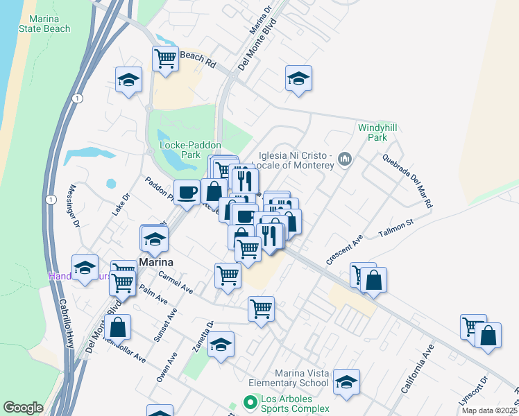 map of restaurants, bars, coffee shops, grocery stores, and more near 3162 Eucalyptus Street in Marina