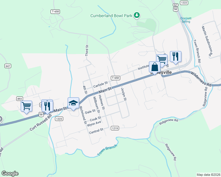 map of restaurants, bars, coffee shops, grocery stores, and more near Martin Street in Jonesville
