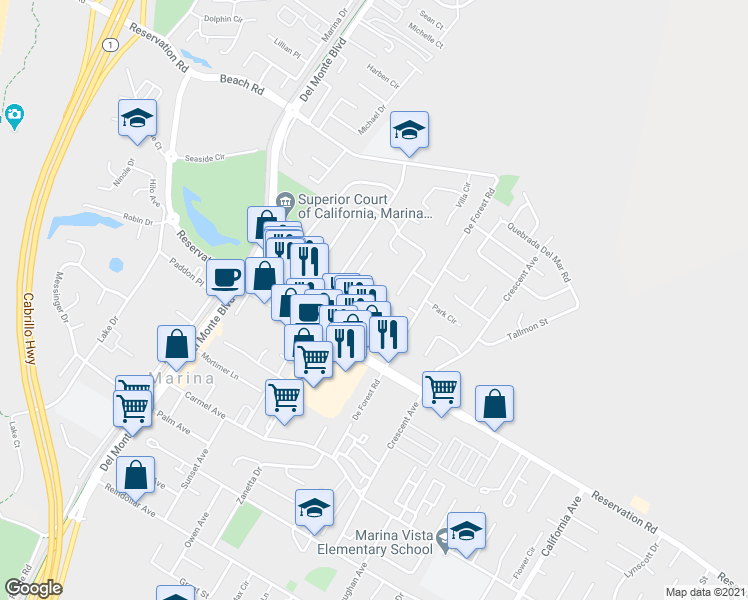 map of restaurants, bars, coffee shops, grocery stores, and more near 267 Viking Lane in Marina