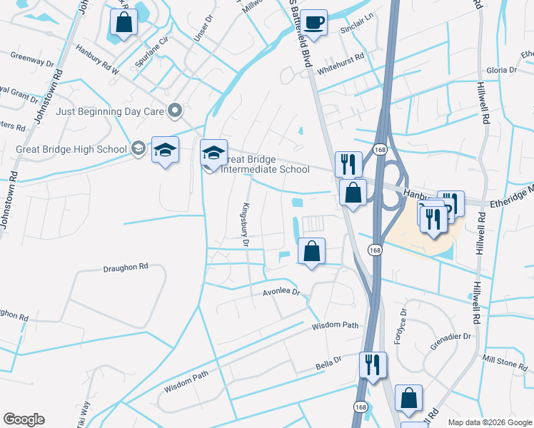 map of restaurants, bars, coffee shops, grocery stores, and more near 1122 Madison Lynn Way in Chesapeake