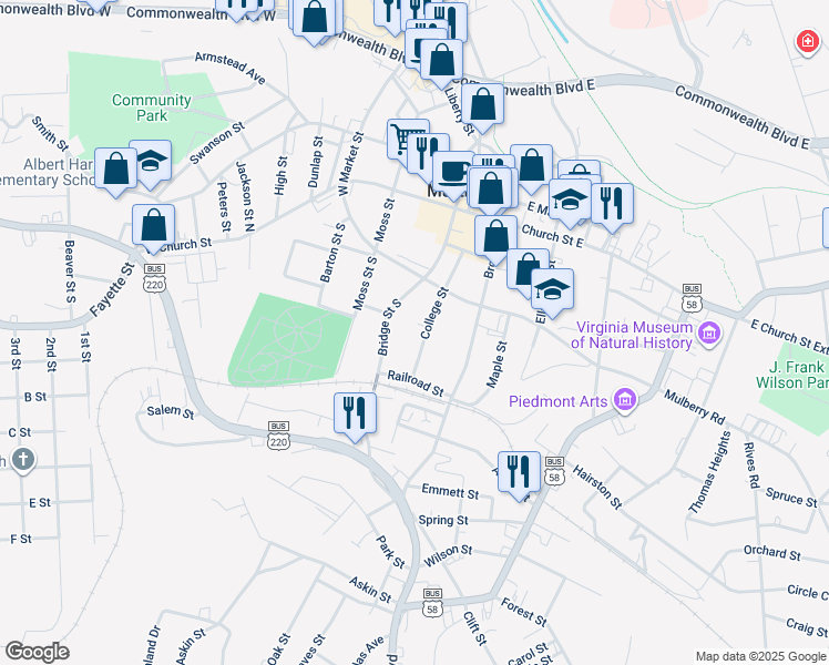 map of restaurants, bars, coffee shops, grocery stores, and more near 200-298 College Street in Martinsville