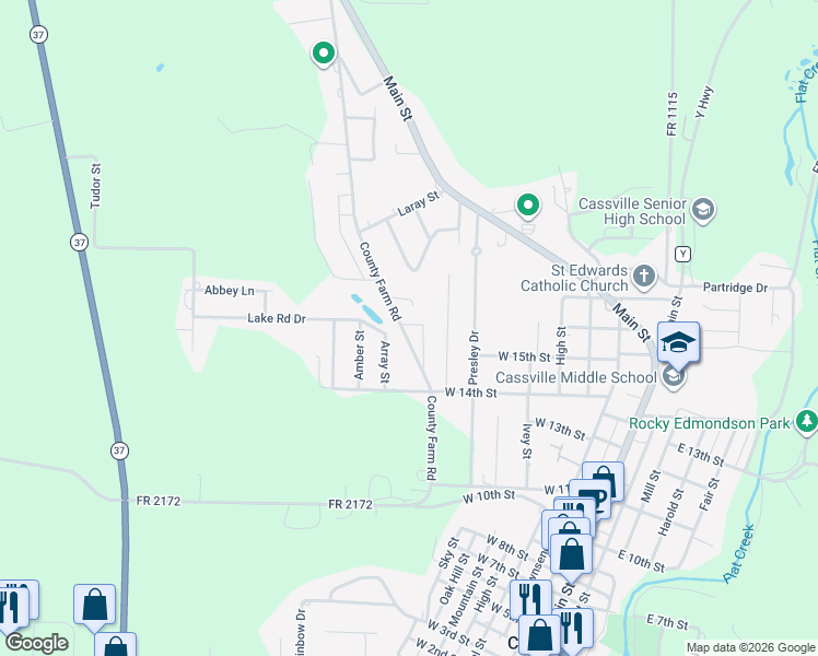 map of restaurants, bars, coffee shops, grocery stores, and more near 1491 County Farm Road in Cassville