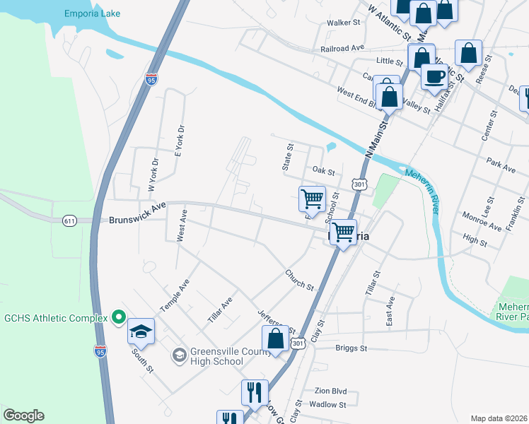 map of restaurants, bars, coffee shops, grocery stores, and more near 328 Brunswick Avenue in Emporia