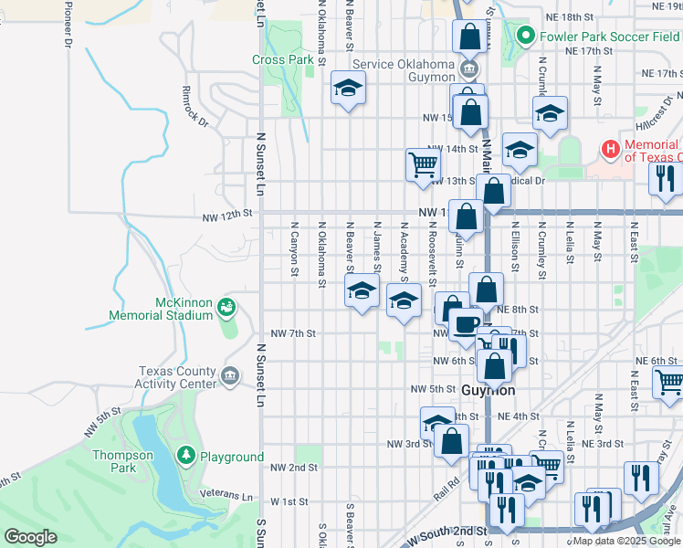 map of restaurants, bars, coffee shops, grocery stores, and more near 902 North Beaver Street in Guymon