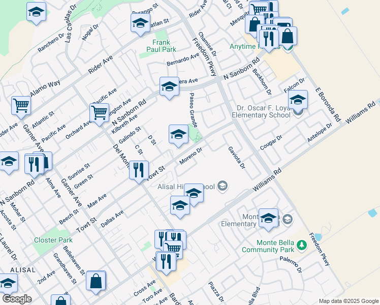 map of restaurants, bars, coffee shops, grocery stores, and more near 1239 Moreno Drive in Salinas