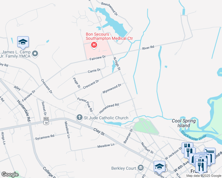 map of restaurants, bars, coffee shops, grocery stores, and more near 101 Wynnwood Drive in Franklin