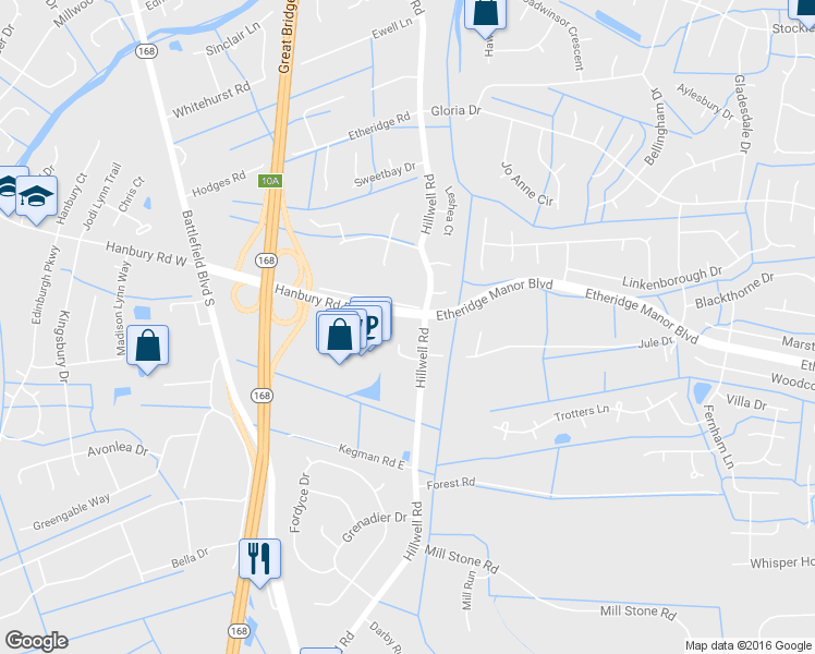 map of restaurants, bars, coffee shops, grocery stores, and more near 1004 Hillwell Road in Chesapeake