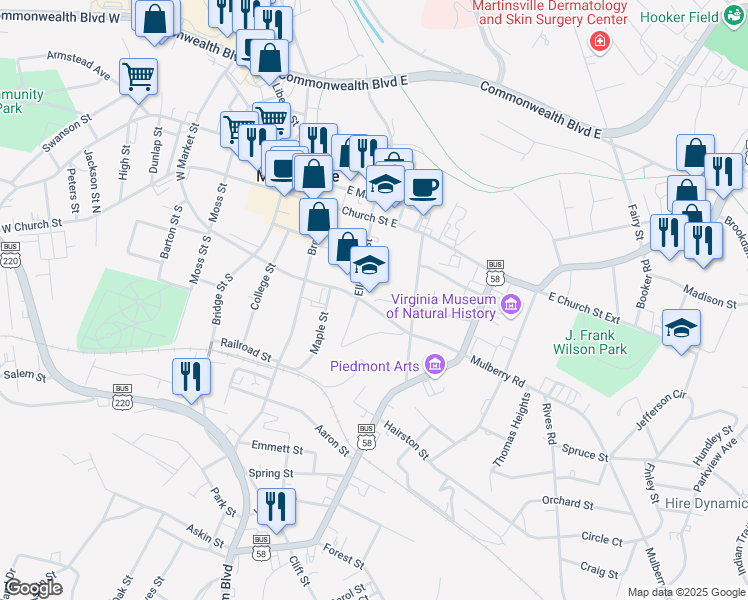 map of restaurants, bars, coffee shops, grocery stores, and more near 201 Brown Street in Martinsville