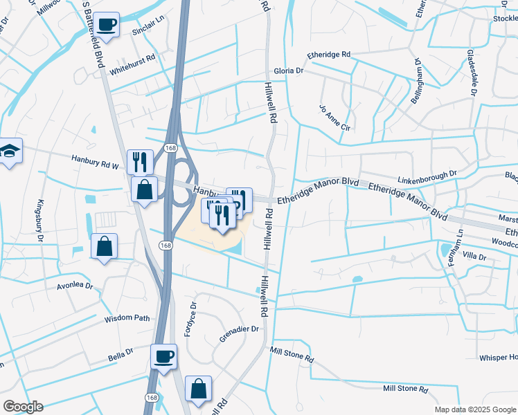 map of restaurants, bars, coffee shops, grocery stores, and more near 1004 Hillwell Road in Chesapeake