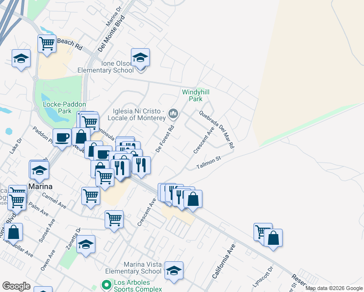 map of restaurants, bars, coffee shops, grocery stores, and more near 3192 White Circle in Marina