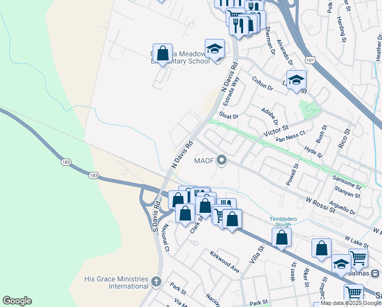 map of restaurants, bars, coffee shops, grocery stores, and more near 6 Rossi Circle in Salinas