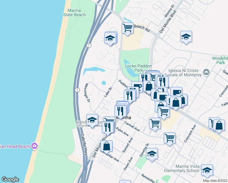 map of restaurants, bars, coffee shops, grocery stores, and more near 3124 Lake Drive in Marina