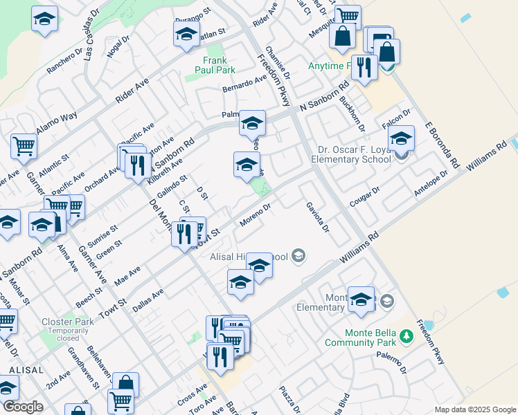 map of restaurants, bars, coffee shops, grocery stores, and more near 1239 Moreno Drive in Salinas