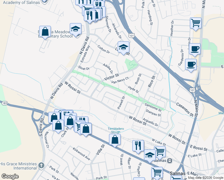 map of restaurants, bars, coffee shops, grocery stores, and more near 533 Stockton Street in Salinas