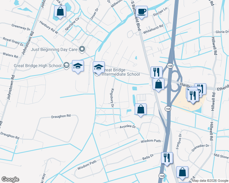 map of restaurants, bars, coffee shops, grocery stores, and more near 1141 Kingsbury Drive in Chesapeake