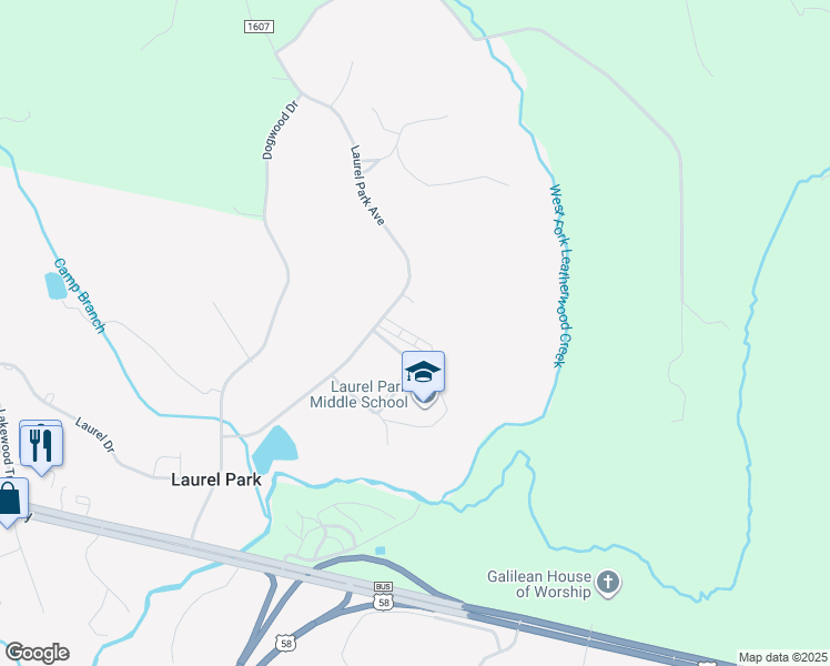 map of restaurants, bars, coffee shops, grocery stores, and more near Laurel Park School Drive in Martinsville