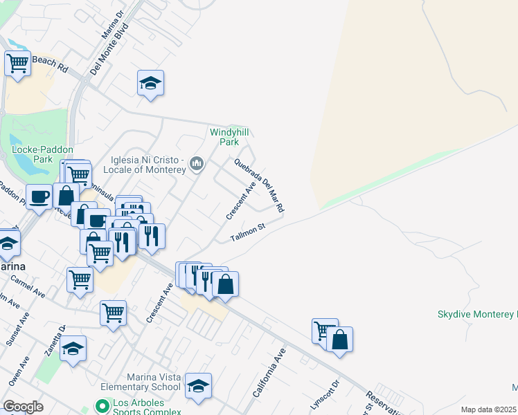 map of restaurants, bars, coffee shops, grocery stores, and more near 319 Sirena Del Mar Road in Marina