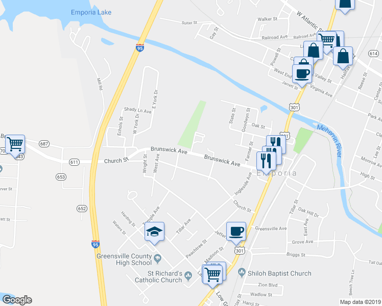map of restaurants, bars, coffee shops, grocery stores, and more near 435 Brunswick Avenue in Emporia