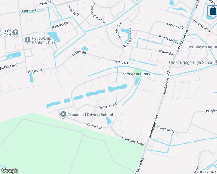 map of restaurants, bars, coffee shops, grocery stores, and more near 1100 Hillside Trce in Chesapeake