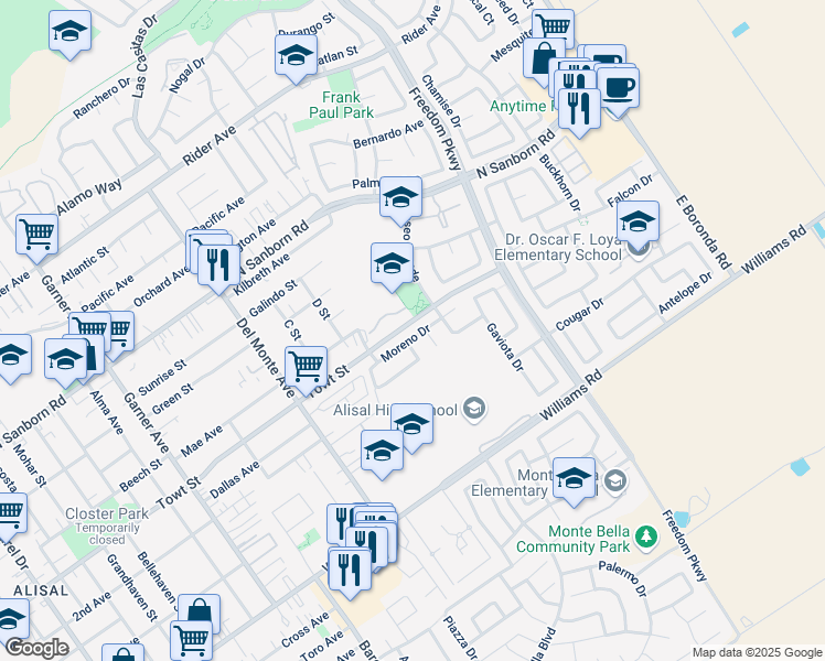 map of restaurants, bars, coffee shops, grocery stores, and more near 1239 Moreno Drive in Salinas