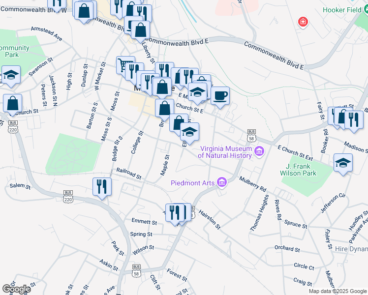 map of restaurants, bars, coffee shops, grocery stores, and more near 100 Ellsworth Street in Martinsville