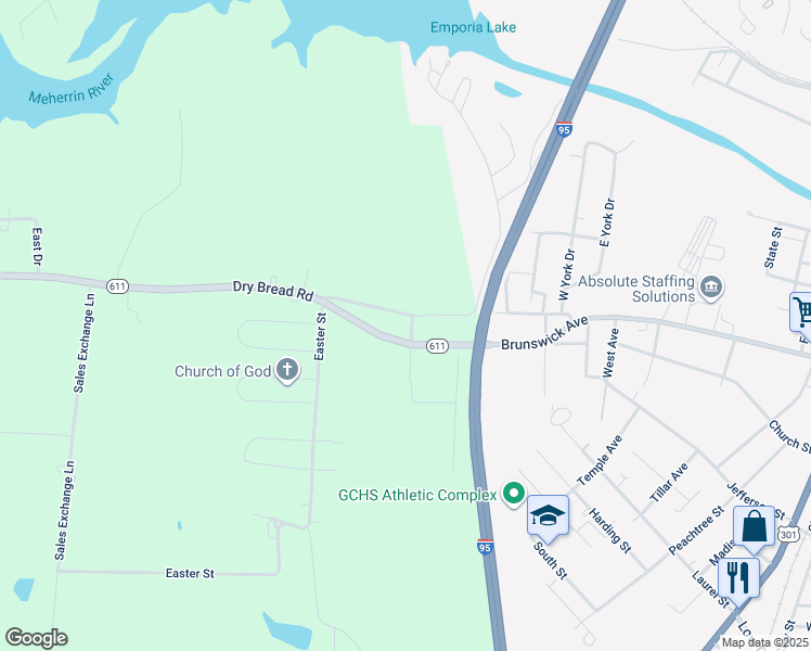 map of restaurants, bars, coffee shops, grocery stores, and more near 1146 Mill Road in Emporia
