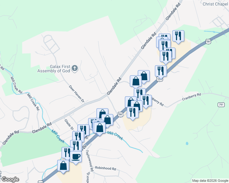 map of restaurants, bars, coffee shops, grocery stores, and more near 1047 Glendale Road in Galax